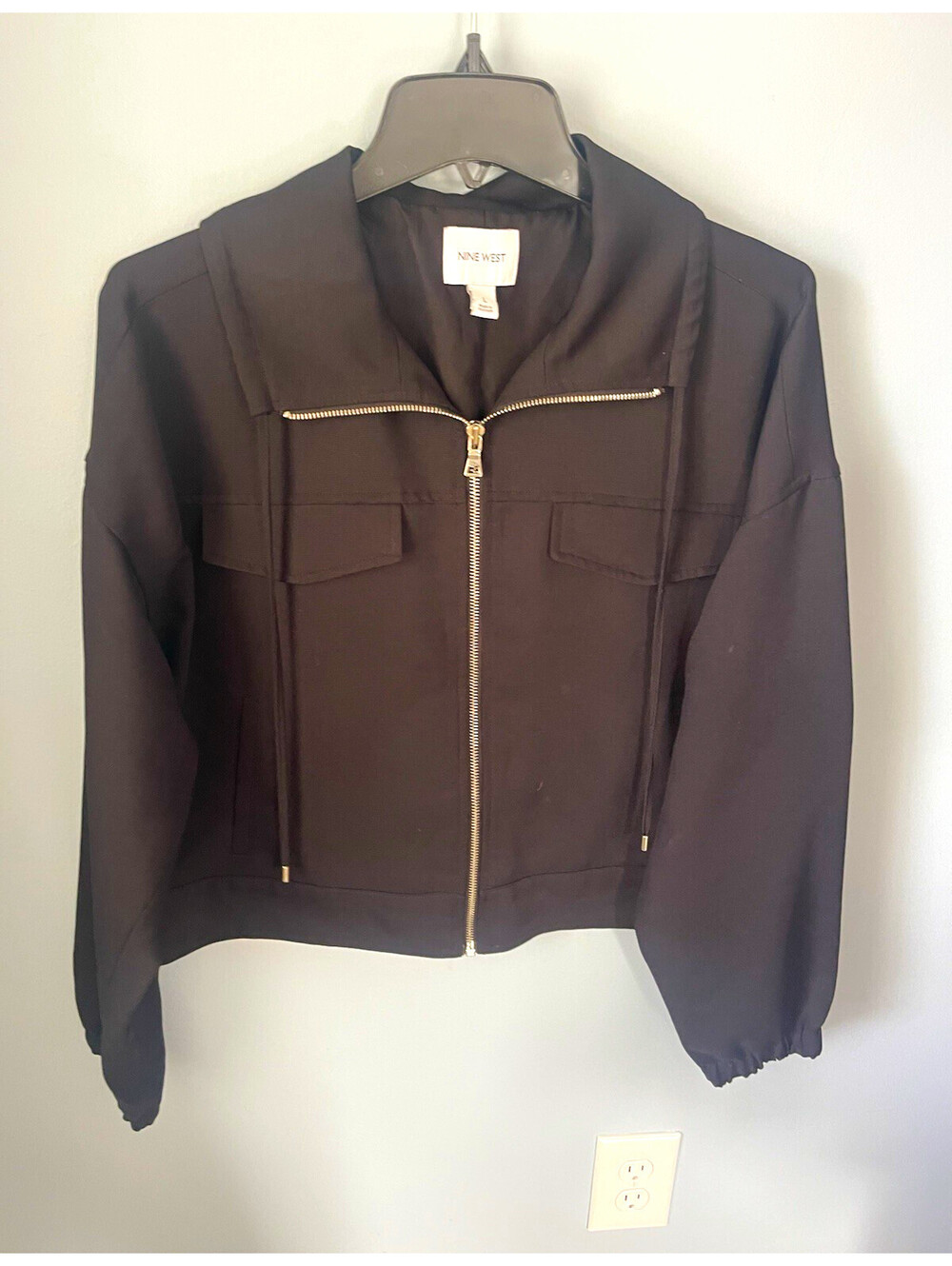 Nine West Women’s Black Twill Full Zip Lined Jacket Long Sleeve Short Sz L